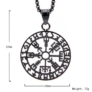 Nordic Viking compass pendant necklace in matte black finish, size 40mm diameter