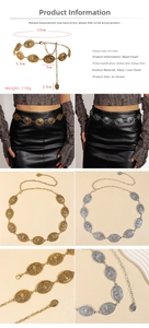 Detail of vintage metal waist chain featuring embossed bull head icons in gold and silver