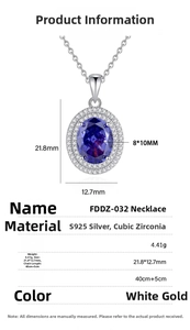 Detailed dimension guide for S925 sterling silver necklace with blue cubic zirconia pendant
