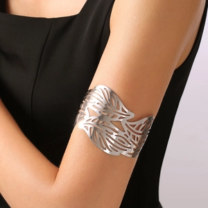 Irregular hollow leaf open arm cuff in silver stainless steel finish for women