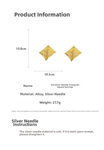 Detailed size measurement of large gold triangle mesh earrings with 925 silver needles