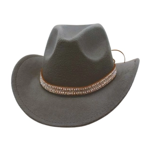 Detail showing dark grey felt cowboy hat with three rows of decorative beads on brown band