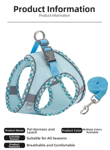 Detail view of light blue breathable mesh dog harness with silver D-ring and plaid trim