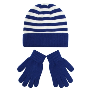 Detailed view of blue and white striped knit beanie with matching navy thermal gloves