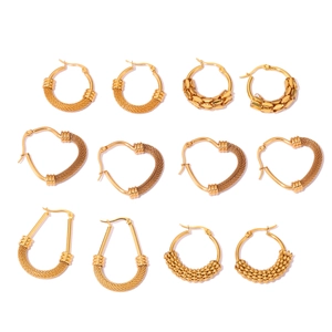 Set of 6 gold plated stainless steel twisted mesh hoop earrings in heart and round shapes