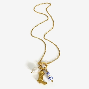 New Chinese style titanium steel necklace with gold boots, porcelain beads and freshwater pearl