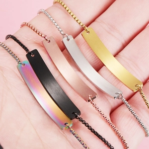 Polished stainless steel curved bar bracelets in five metallic colors with box chains