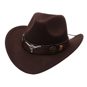 Detail of dark brown felt cowboy hat featuring silver bull head metal emblem and trim