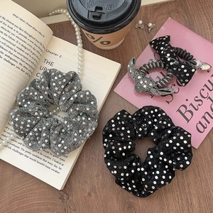 Shiny Sequin Polka Dot Scrunchies Bow Hair Ties With Heart Pendant Telephone Cord Hair Ropes For Women Elegant Styling