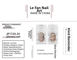 Detailed packaging set for long red glitter press-on nails with glue and 24 pieces