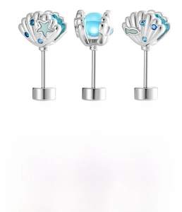 Detailed views of silver shell ear stud with starfish and blue zircon in marine theme