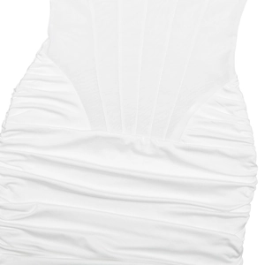 Detailed view of the pleated waist and sheer mesh splicing on a white bodycon dress
