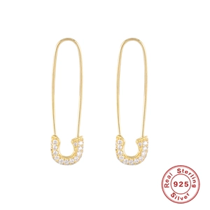 925 Sterling Silver Safety Pin Hoop Earrings For Women Geometric Cubic Zirconia Inlaid Gold Silver Plated Fashion Jewelry