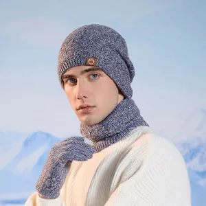 Ensemble d'hiver 3 pièces avec bonnet, tour de cou et gants en maille chinée bleu-gris