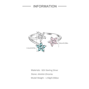 Detail view of S925 sterling silver ring showing size specs and colorful zircon flowers