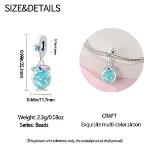 Dimensions détaillées du charm argenté lumineux avec zircone et spécifications des perles