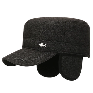 Winter men's wool flat top cadet cap with ear flaps and SPORT embroidery in dark grey
