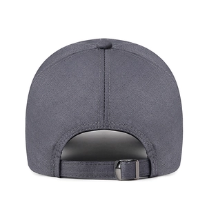Dark gray long brim baseball cap with adjustable back strap and metal buckle