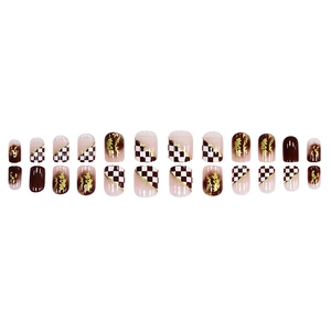 Short brown and white checkered press-on nails with golden foil and marble patterns