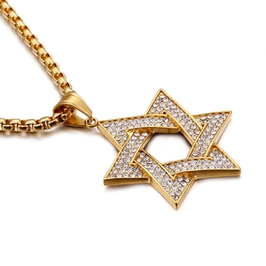 Iced out gold hexagram star pendant necklace with square pearl chain for men and women