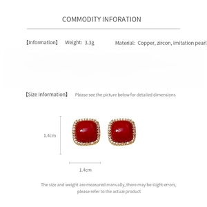 Detailed spec sheet for 3.3g red zircon and pearl square earrings with silver needle