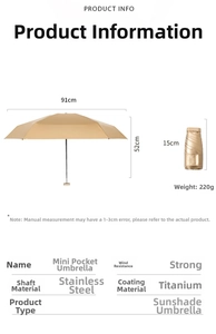 Mini umbrella size guide showing 91cm diameter and 15cm folded length dimensions