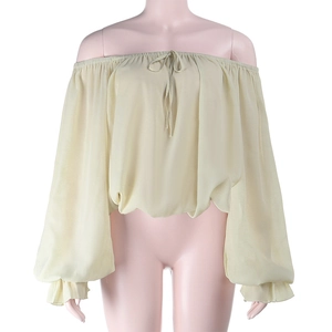 Off-shoulder lantern sleeve blouse with drawstring tie in soft beige chiffon