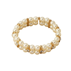 Double-row pearl stretch bracelet with gold metal spacers and sparkling rhinestones