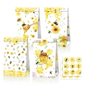 Honey Bee Sunflower Theme Kraft Paper Gift Bags With Stickers Cartoon Bee Party Favor Bags For Candy Cookies Birthday Graduation