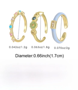 Size chart showing inner diameter and weights for three copper zircon stackable rings