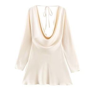 Elegant champagne satin mini dress with long sleeves and deep V-neckline backless design
