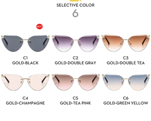 Selective color chart of cat-eye rimless sunglasses with gold metal temples in six shades