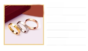 Detail view of titanium steel rings with screw motif in gold, silver, and rose gold finishes