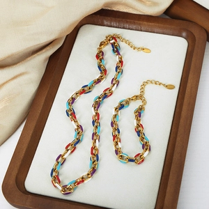 Colorful enamel link necklace and bracelet set in gold-plated stainless steel