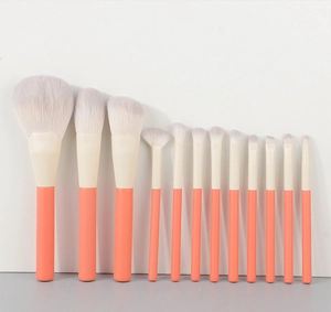 Detail of 13 coral orange makeup brushes with soft gradient synthetic bristles