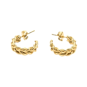 Chunky gold titanium steel braided C-shape hoop earrings with twisted texture