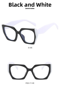 Close-up of geometric cat-eye glasses frame with stylish black and white contrast design