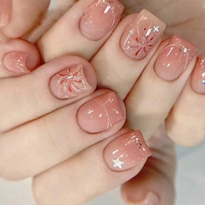 Short Square Round Press On Nails ABS Resin Nude Pink Gradient Star Fireworks Glitter Sweet Style For Women