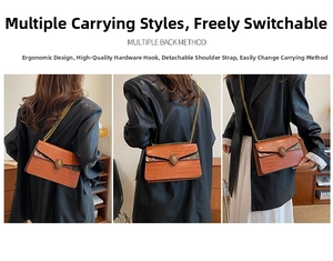 Three-way split view showing crocodile pattern crossbody bag with golden lion head buckle