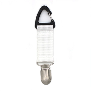 Detail view of portable hat clip with black carabiner and silver metal buckle