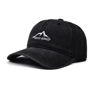 Close-up of mountain and BIG BRO embroidery on black washed cotton baseball cap