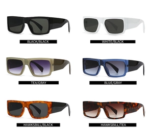 Matrix display showing six color variants of trendy rectangular thick frame sunglasses