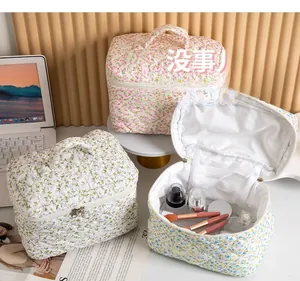 Detailed top view of large quilted floral makeup bags in pink, purple and blue colors