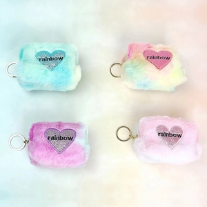 Rainbow plush coin purse with embroidered heart sequin patch and silver keychain