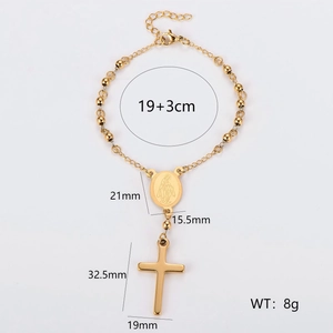 Golden stainless steel bead bracelet with religious cross and virgin mary medal charms