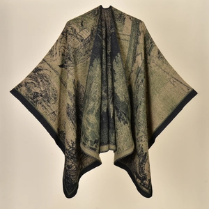 Chinese style dark green landscape print shawl cape wrap for winter travel and camping