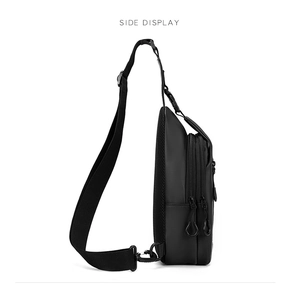 Side view of black waterproof chest bag showing adjustable strap and zipper compartments