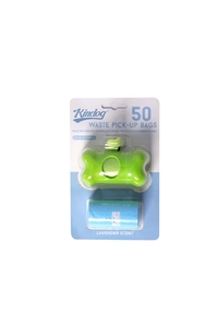 Lavender scented pet waste bags and green bone dispenser in retail blister packaging