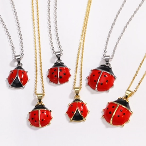 Cute Ladybug Beetle Pendant Necklace Red Black Enamel Copper Jewelry Animal Theme Dainty Gift For Women Girls
