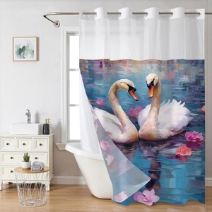 Detail of silver metal eyelets on a floral swan pattern waterproof shower curtain